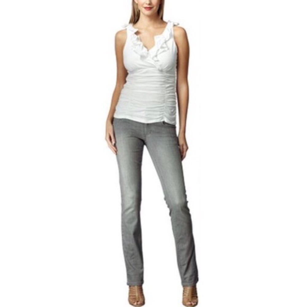 Cabi white ruffle neck ruched top